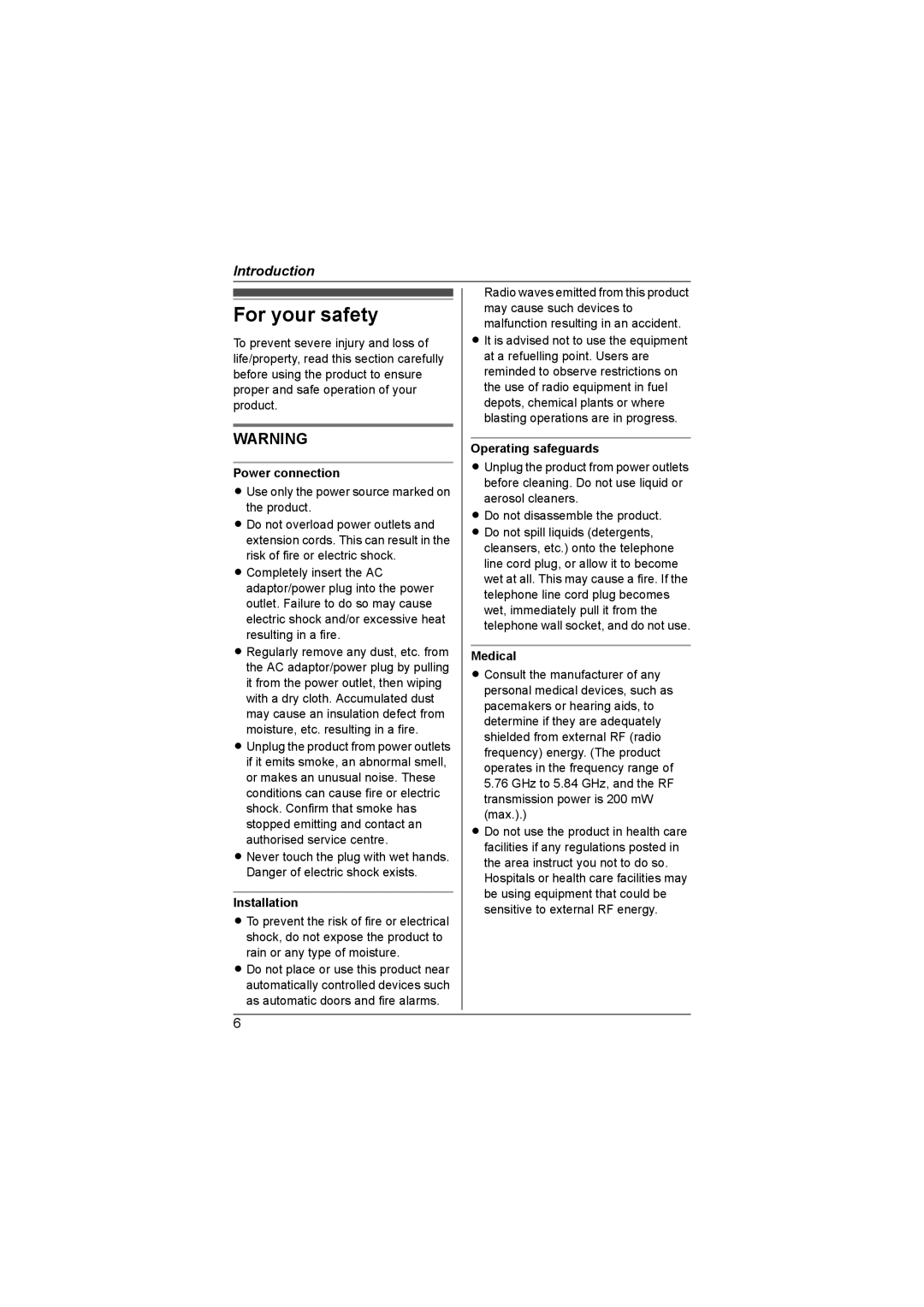 Panasonic KX-TG4392AL, KX-TG4393AL For your safety, Power connection, Installation, Operating safeguards, Medical 