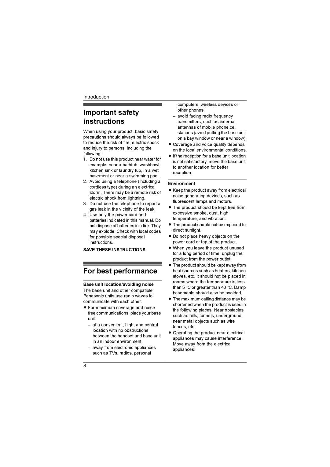 Panasonic KX-TG4394AL Important safety instructions, For best performance, Base unit location/avoiding noise, Environment 