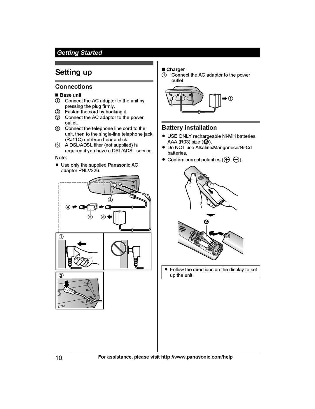 Panasonic KX-TG444SK, KX-TGD220, KX-TG443SK, KX-TGD222, KX-TGD212, KX-TGD224 Setting up, Connections, Battery installation 