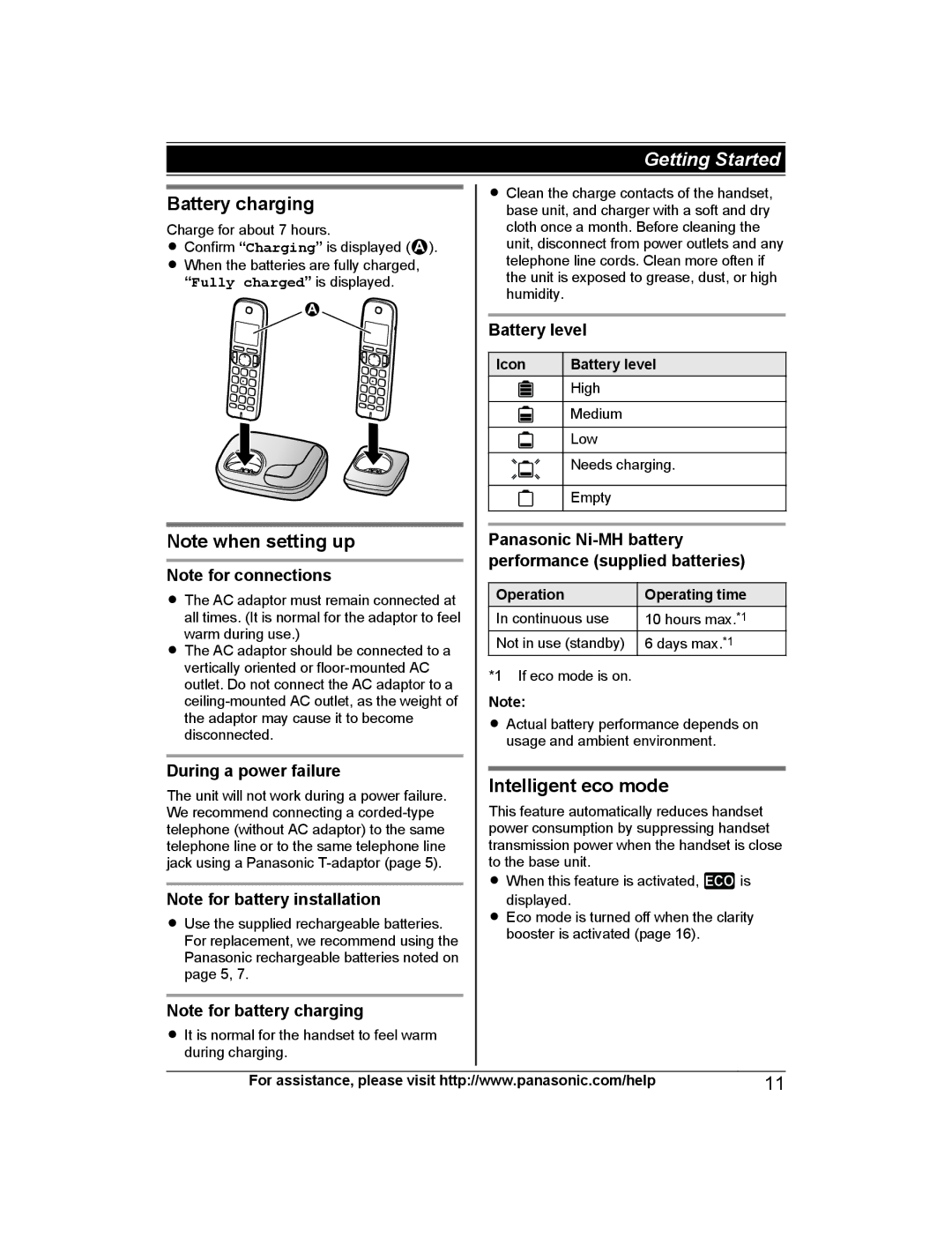 Panasonic KX-TGD220, KX-TG444SK, KX-TG443SK Battery charging, Intelligent eco mode, During a power failure, Battery level 