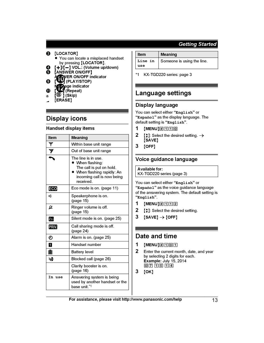 Panasonic KX-TGD222, KX-TG444SK Display icons, Language settings, Date and time, Display language, Voice guidance language 