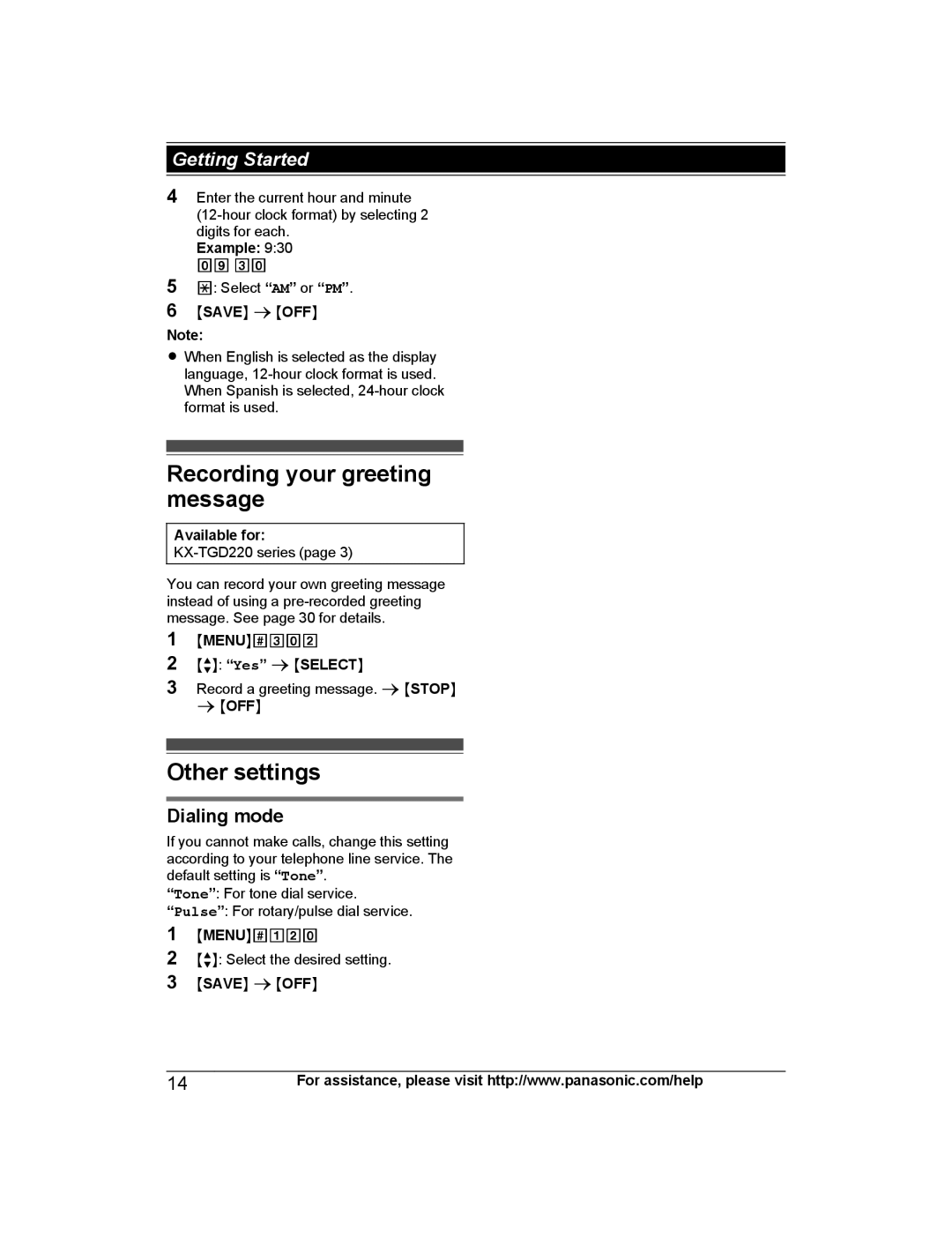 Panasonic KX-TGD212 Recording your greeting message, Other settings, Dialing mode, Example 930 09, MbN Yes a Mselectn 