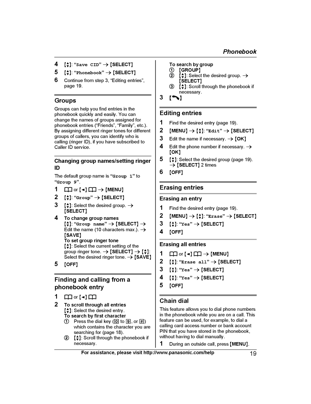 Panasonic KX-TGD210 Groups, Finding and calling from a phonebook entry, Editing entries, Erasing entries, Chain dial 