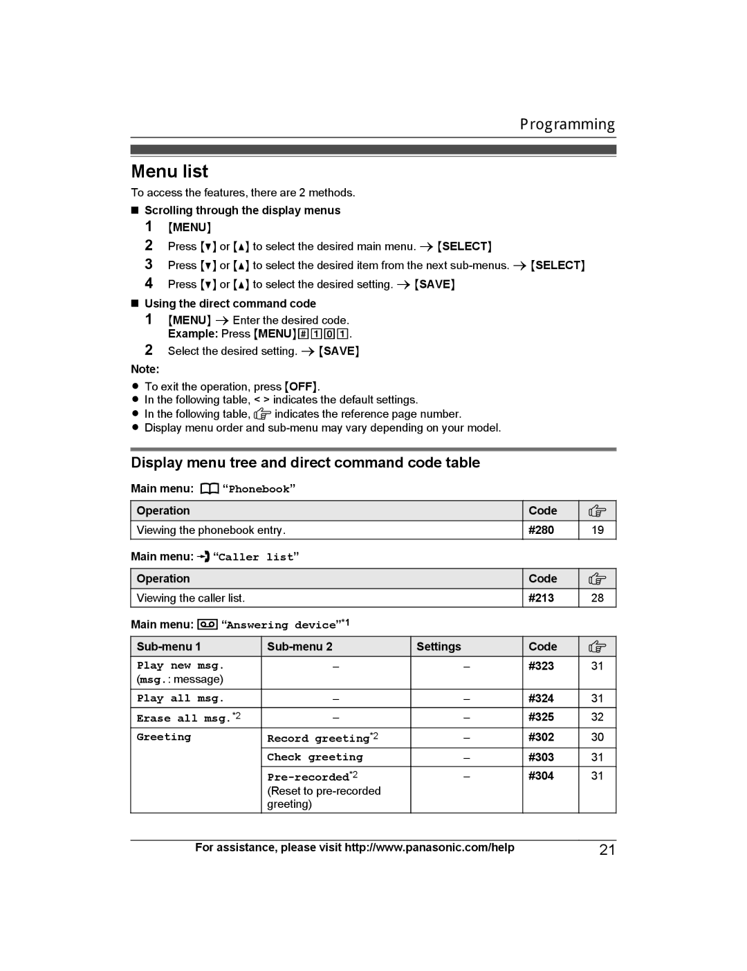 Panasonic KX-TGD220 Menu list, Display menu tree and direct command code table, Answering device *1, Play new msg 