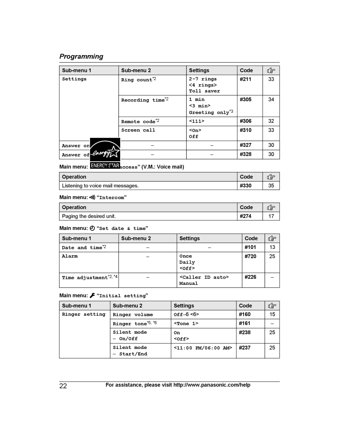 Panasonic KX-TG443SK Settings Ring count*2 Rings, Rings Toll saver Recording time*2 Min, Screen call, Answer on*2 Off 