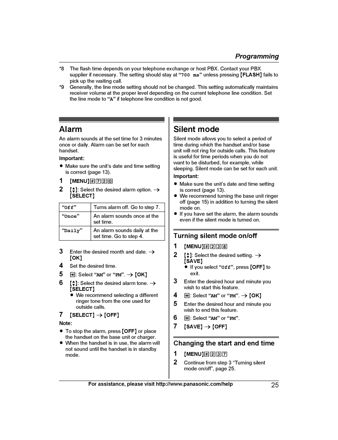 Panasonic KX-TGD224, KX-TG444SK Alarm, Silent mode, Turning silent mode on/off, Changing the start and end time, Daily 