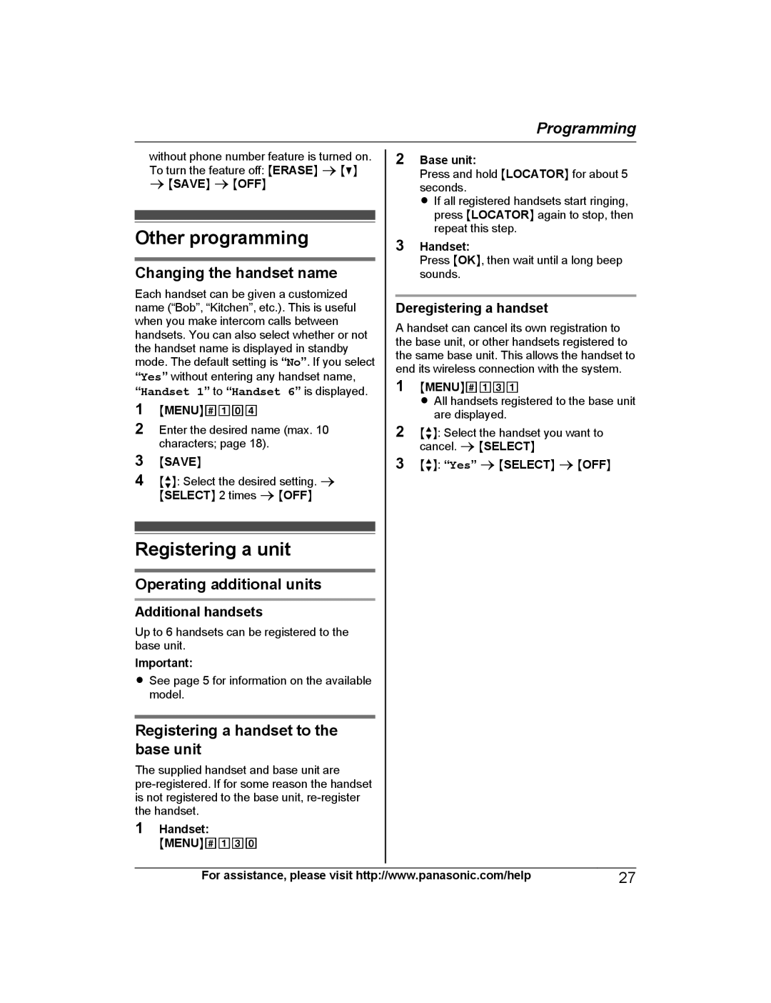 Panasonic KX-TGD223 Other programming, Registering a unit, Changing the handset name, Operating additional units 