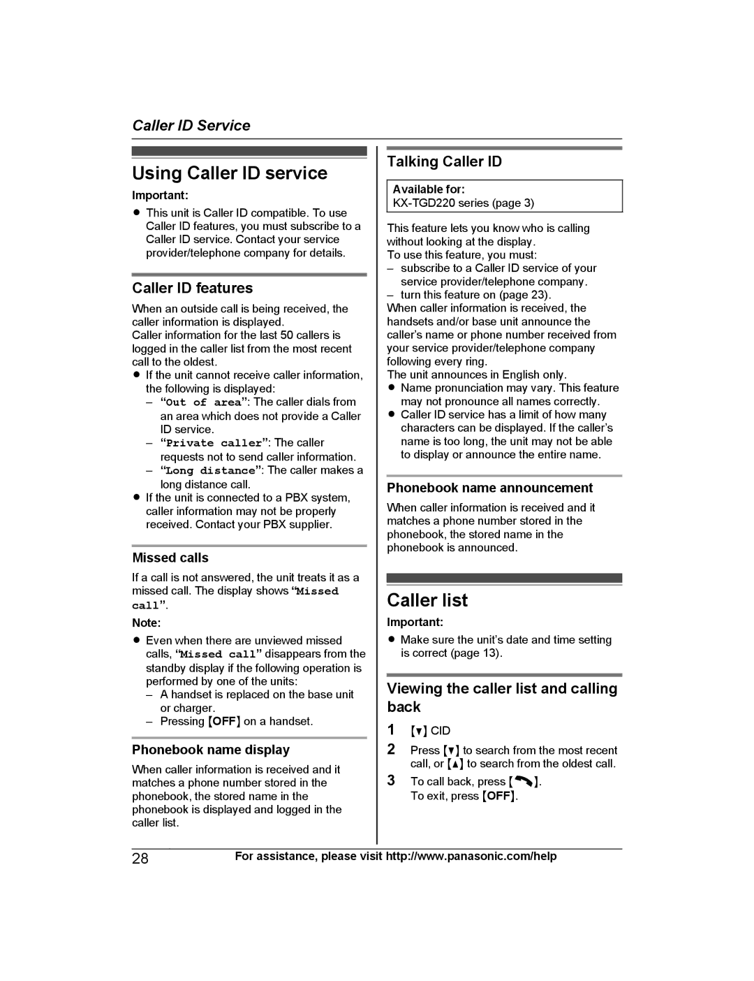 Panasonic KX-TGD213, KX-TG444SK, KX-TGD220 Using Caller ID service, Caller list, Caller ID features, Talking Caller ID 