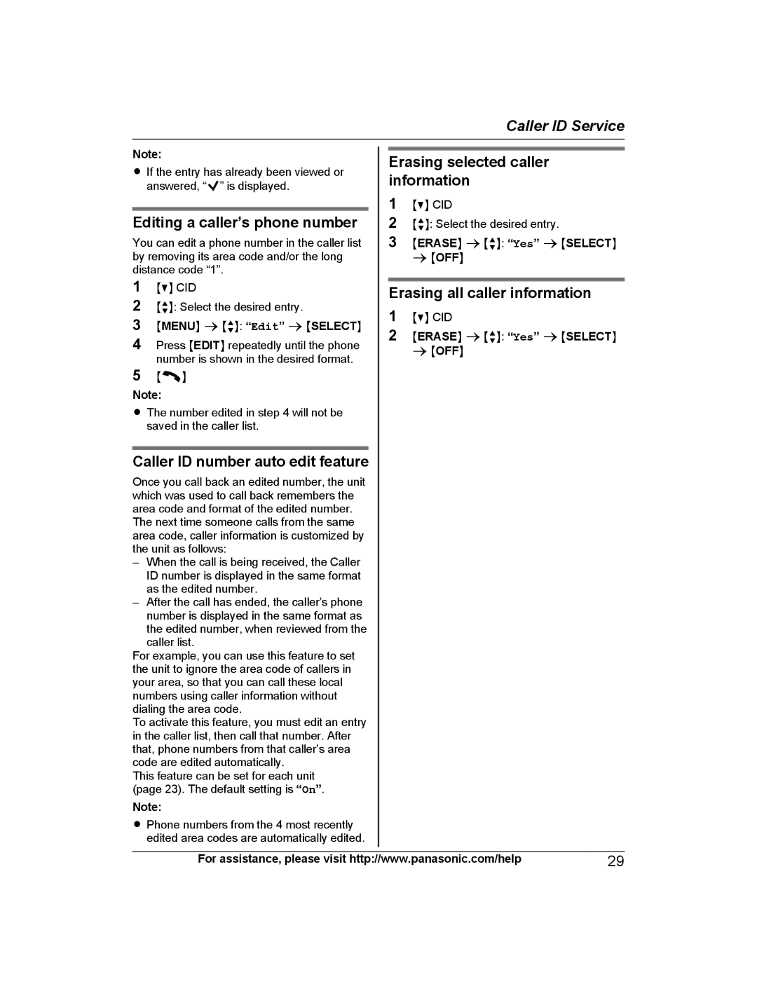 Panasonic KX-TGD210 Editing a caller’s phone number, Caller ID number auto edit feature, Erasing all caller information 