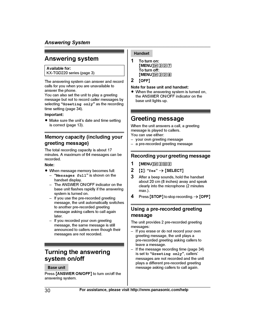 Panasonic KX-TG444SK, KX-TGD220 Answering system, Greeting message, Memory capacity including your greeting message 