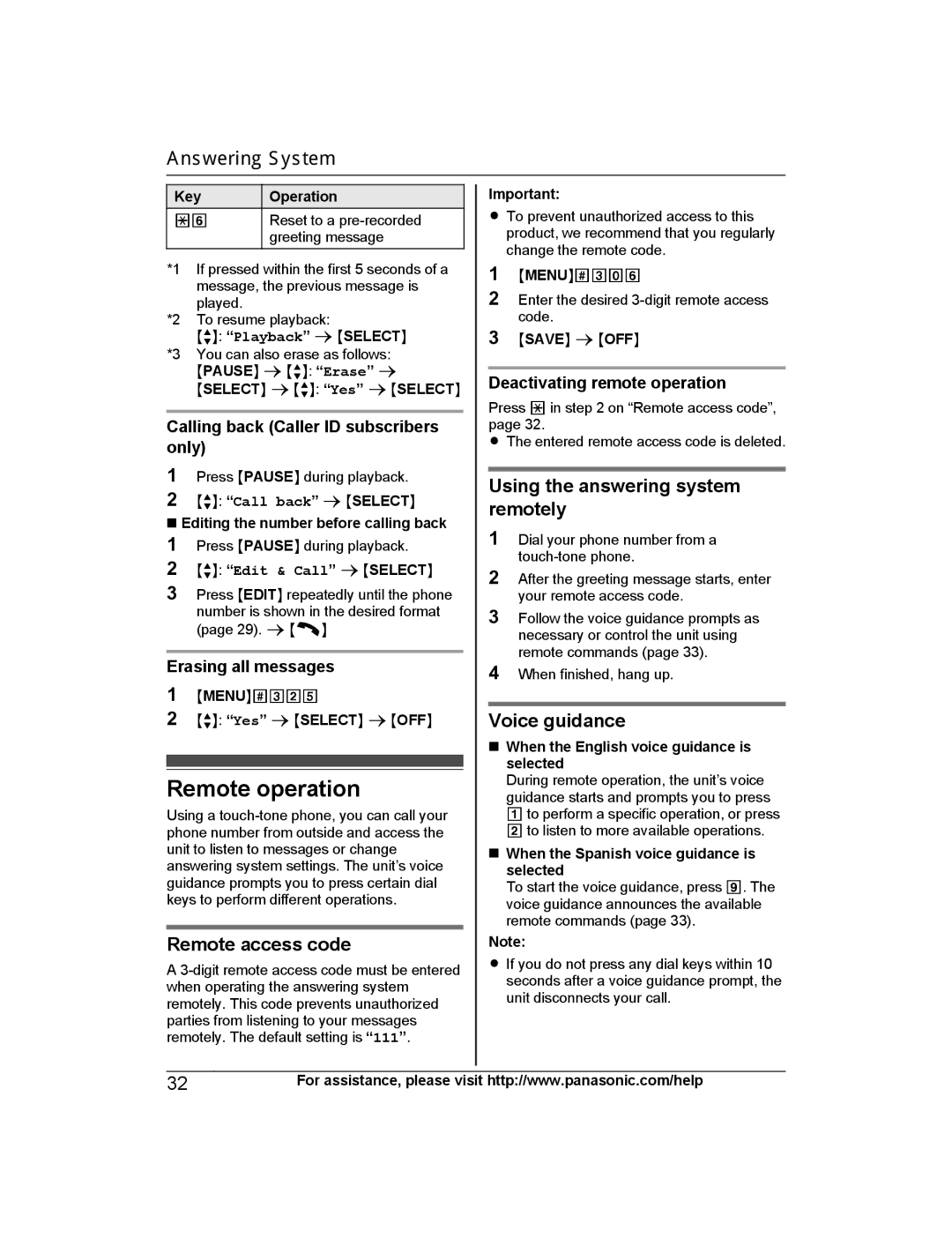 Panasonic KX-TG443SK, KX-TG444SK Remote operation, Remote access code, Using the answering system remotely, Voice guidance 