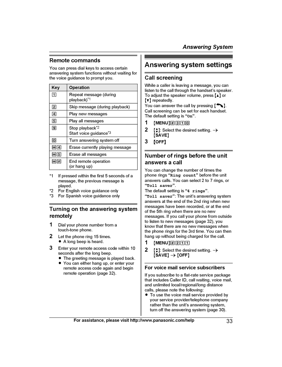 Panasonic KX-TGD222 Answering system settings, Remote commands, Turning on the answering system remotely, Call screening 