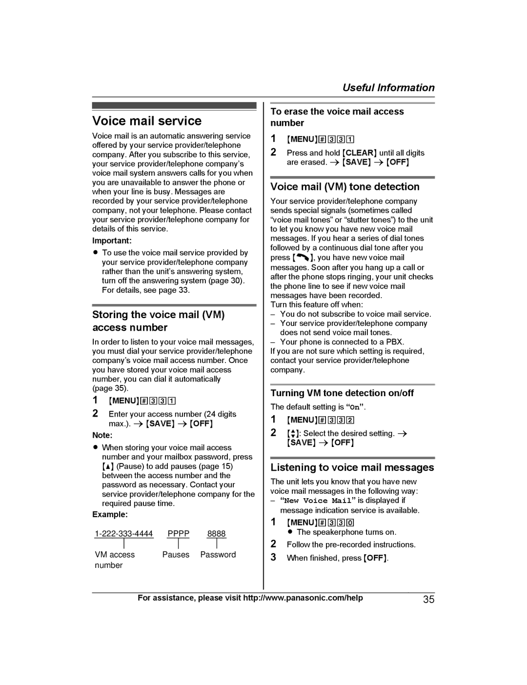 Panasonic KX-TGD224, KX-TG444SK Voice mail service, Storing the voice mail VM access number, Voice mail VM tone detection 
