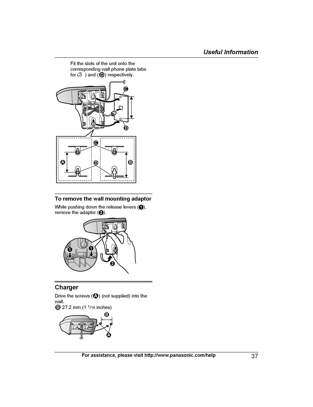 Panasonic KX-TGD223, KX-TG444SK, KX-TGD220, KX-TG443SK, KX-TGD222, KX-TGD212 Charger, To remove the wall mounting adaptor 