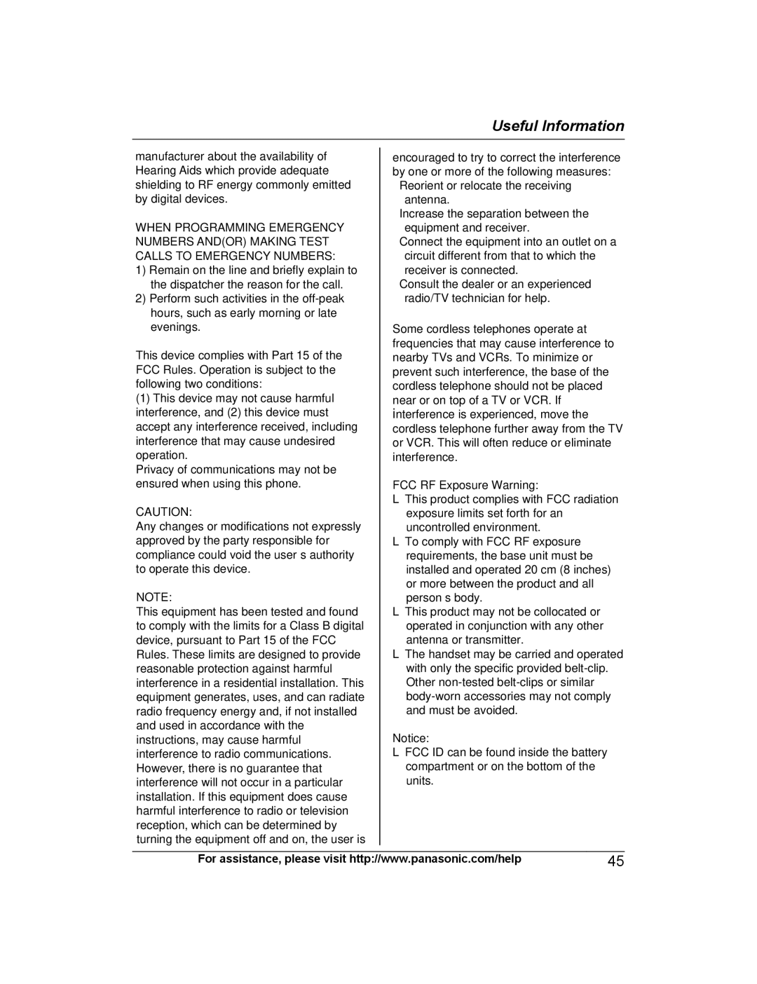 Panasonic KX-TGD224, KX-TG444SK, KX-TGD220, KX-TG443SK, KX-TGD222, KX-TGD212, KX-TGD225, KX-TGD223 FCC RF Exposure Warning 