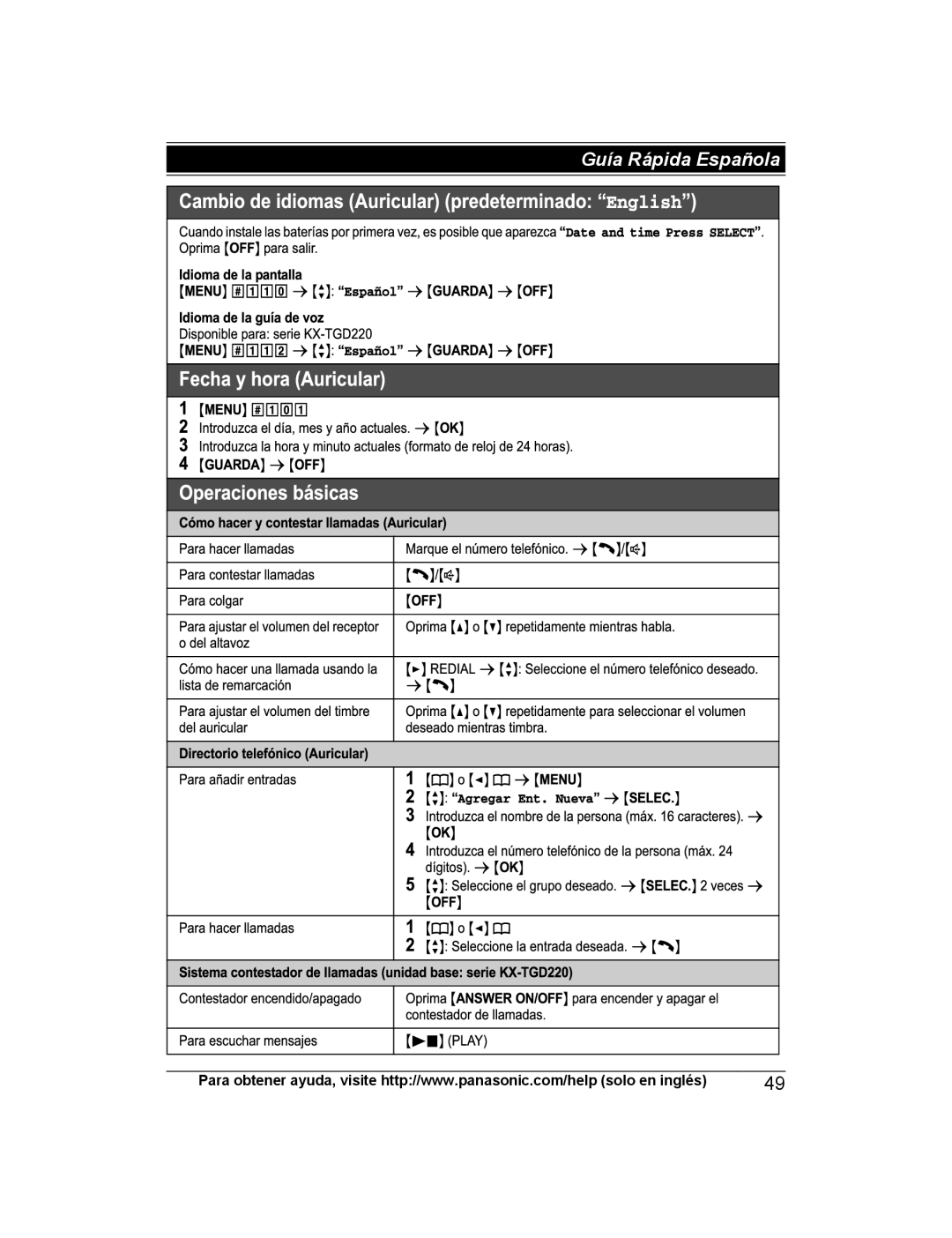 Panasonic KX-TGD210, KX-TG444SK, KX-TGD220, KX-TG443SK, KX-TGD222, KX-TGD212, KX-TGD224, KX-TGD225 Guía Rápida Española 