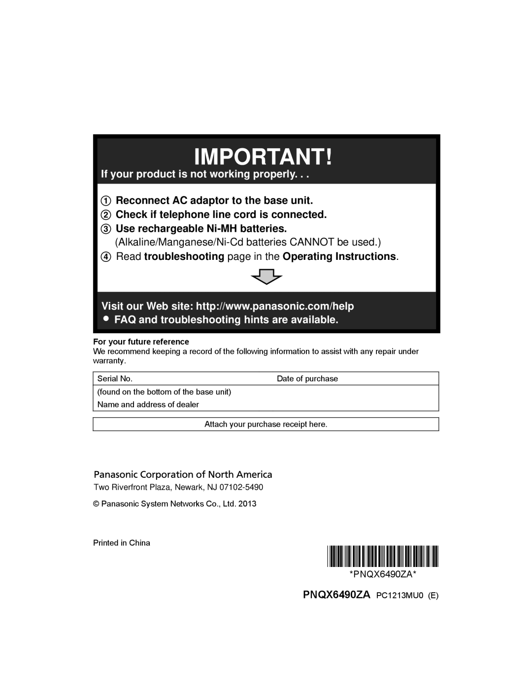 Panasonic KX-TGD225, KX-TG444SK Read troubleshooting page in the Operating Instructions, For your future reference 