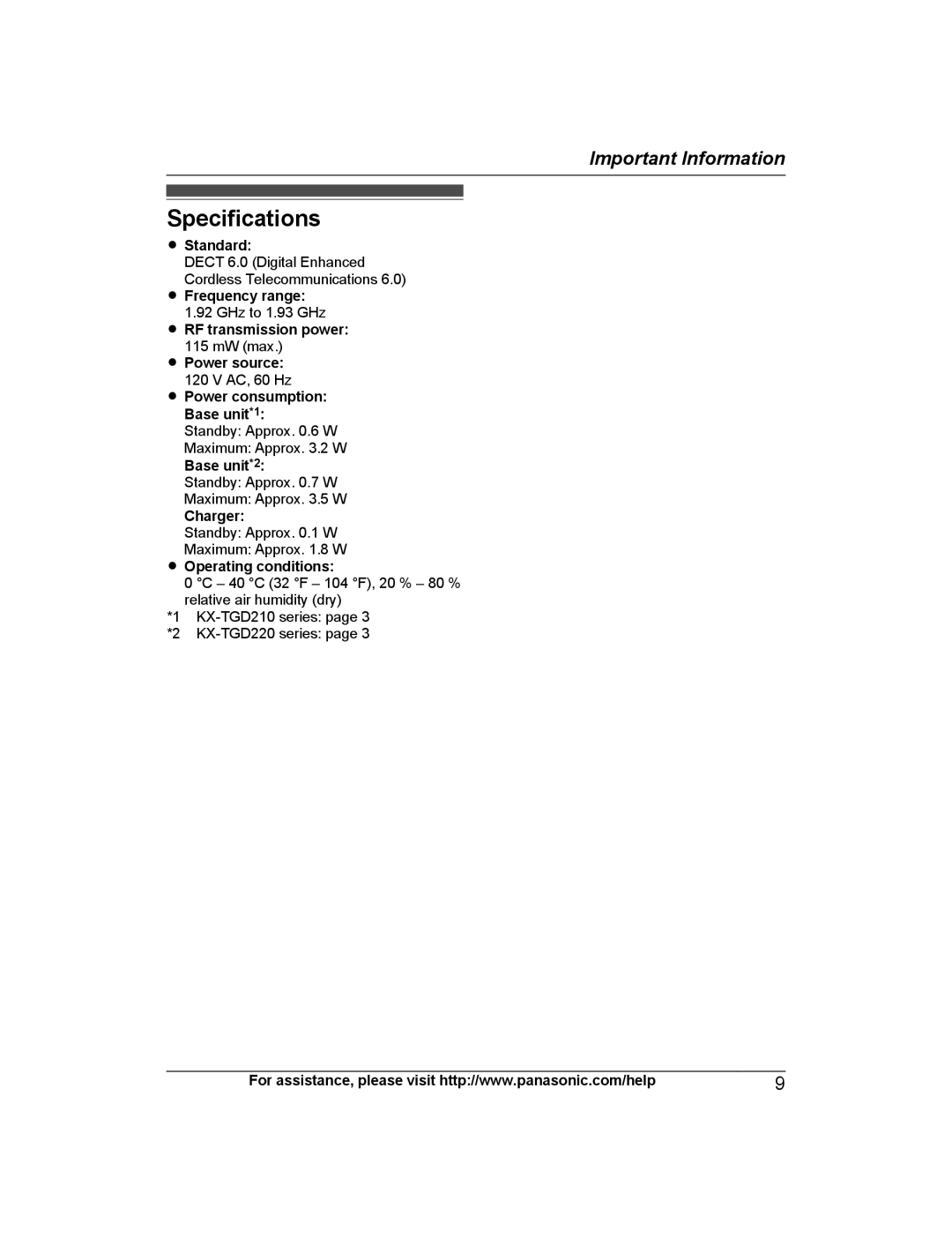 Panasonic KX-TGD210, KX-TG444SK, KX-TGD220, KX-TG443SK, KX-TGD222, KX-TGD212, KX-TGD224, KX-TGD225, KX-TGD223 Specifications 