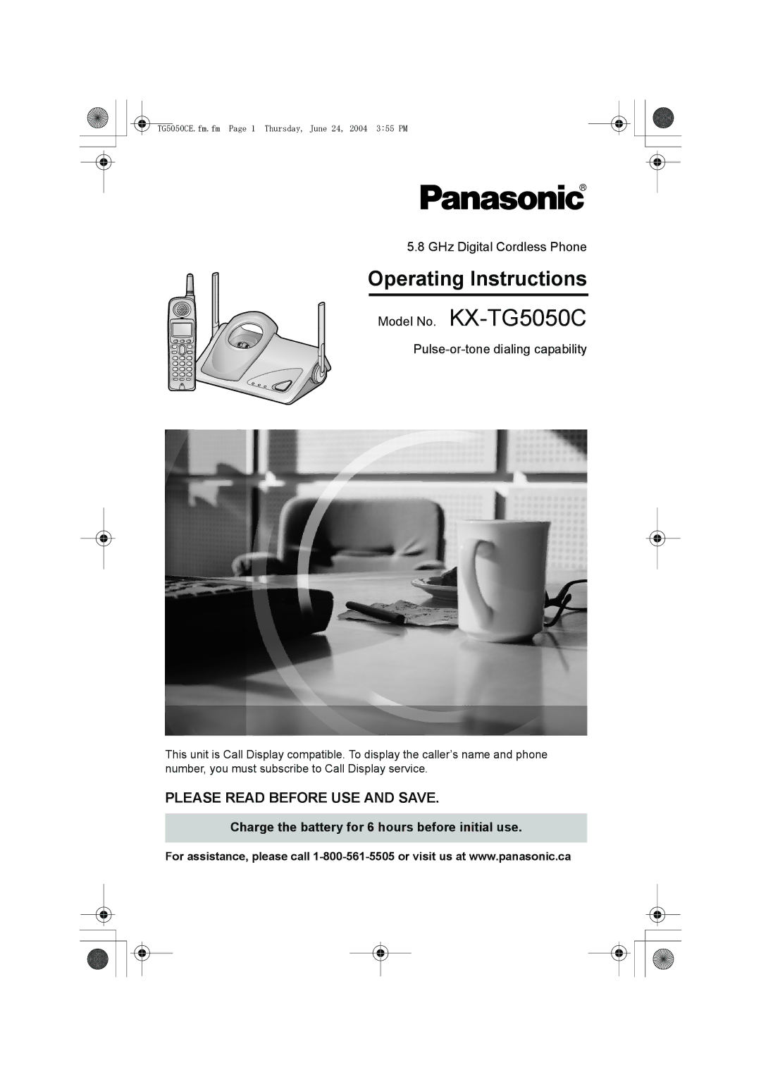 Panasonic KX-TG5050C operating instructions GHz Digital Cordless Phone, Charge the battery for 6 hours before initial use 