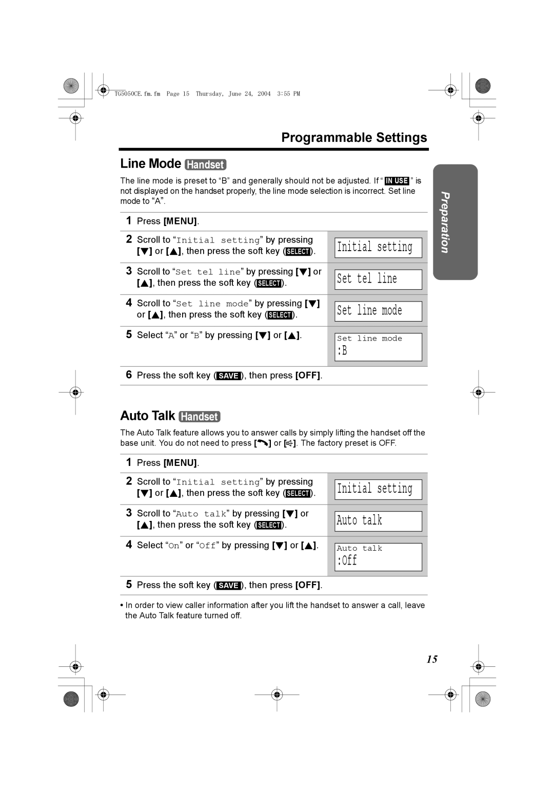 Panasonic KX-TG5050C operating instructions Off, Programmable Settings Line Mode Handset, Auto Talk Handset 