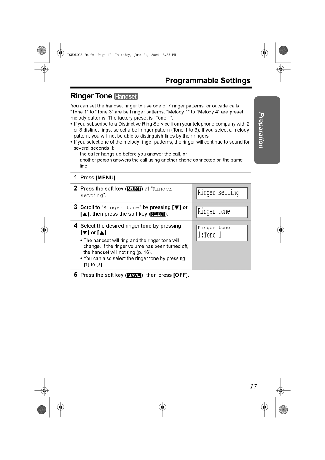 Panasonic KX-TG5050C 1Tone, Programmable Settings Ringer Tone Handset, Scroll to Ringer tone by pressing d or, Or B 