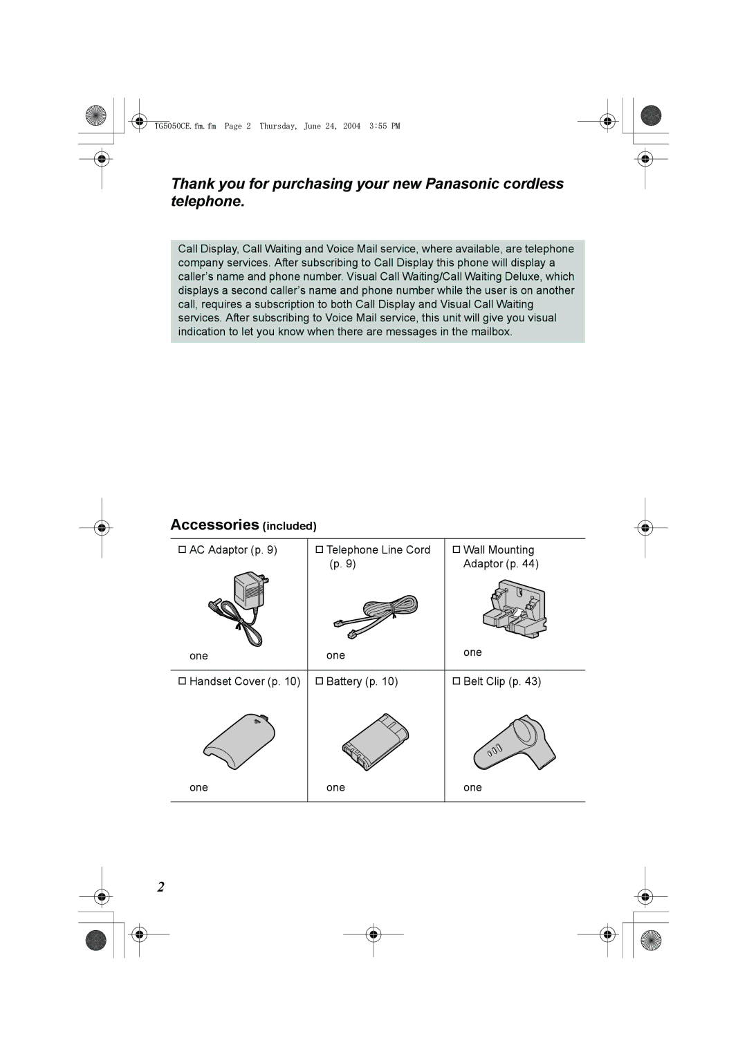 Panasonic KX-TG5050C operating instructions Accessories included 