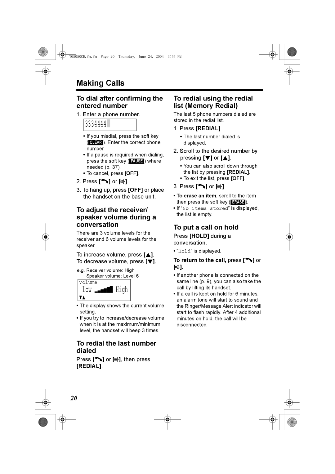 Panasonic KX-TG5050C operating instructions 3334444, Low High, Making Calls 