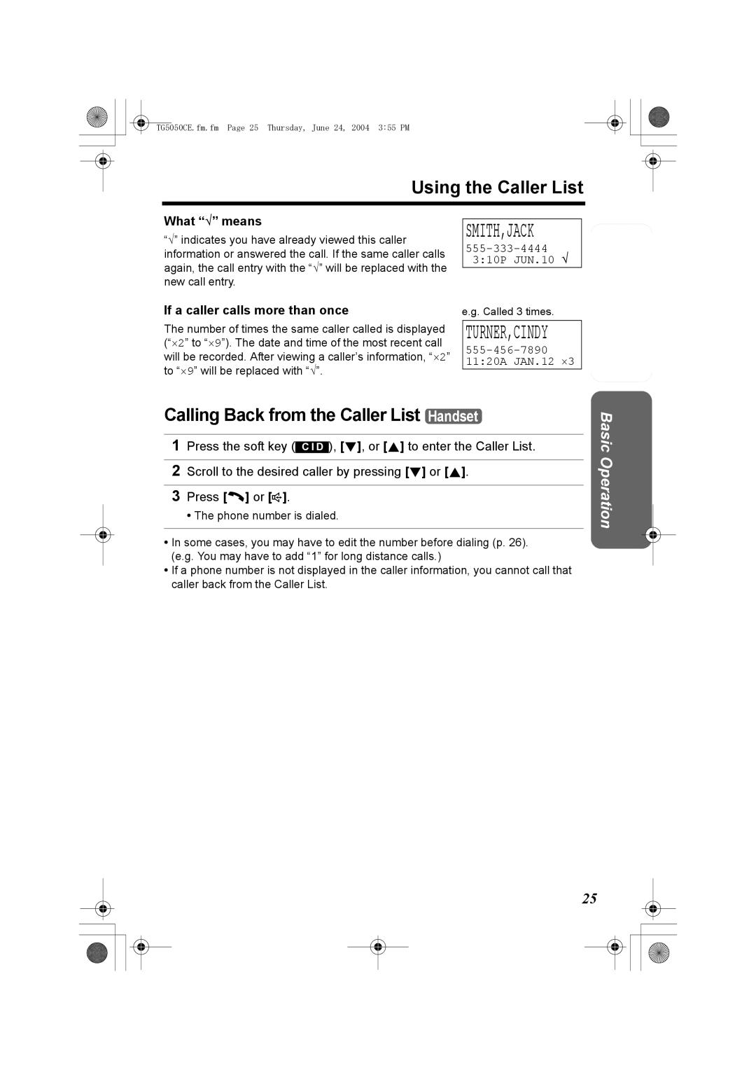 Panasonic KX-TG5050C operating instructions Using the Caller List, Calling Back from the Caller List Handset, What √ means 