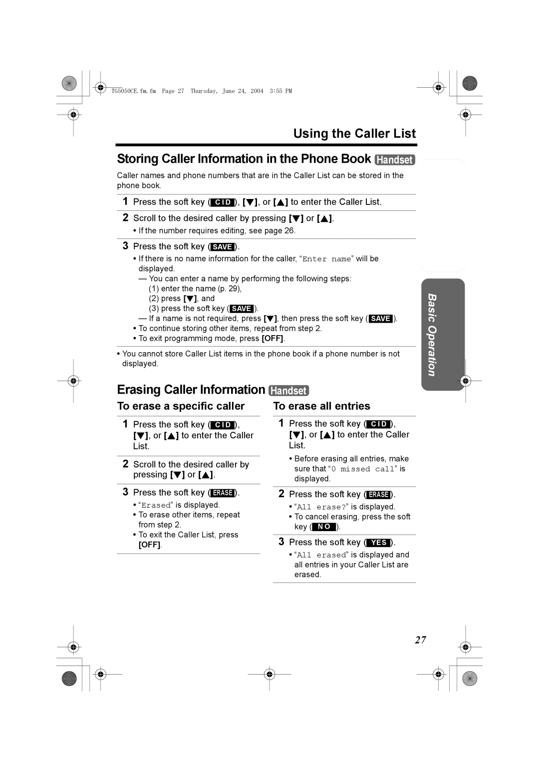 Panasonic KX-TG5050C operating instructions To erase a specific caller, To erase all entries, Press the soft key YES 