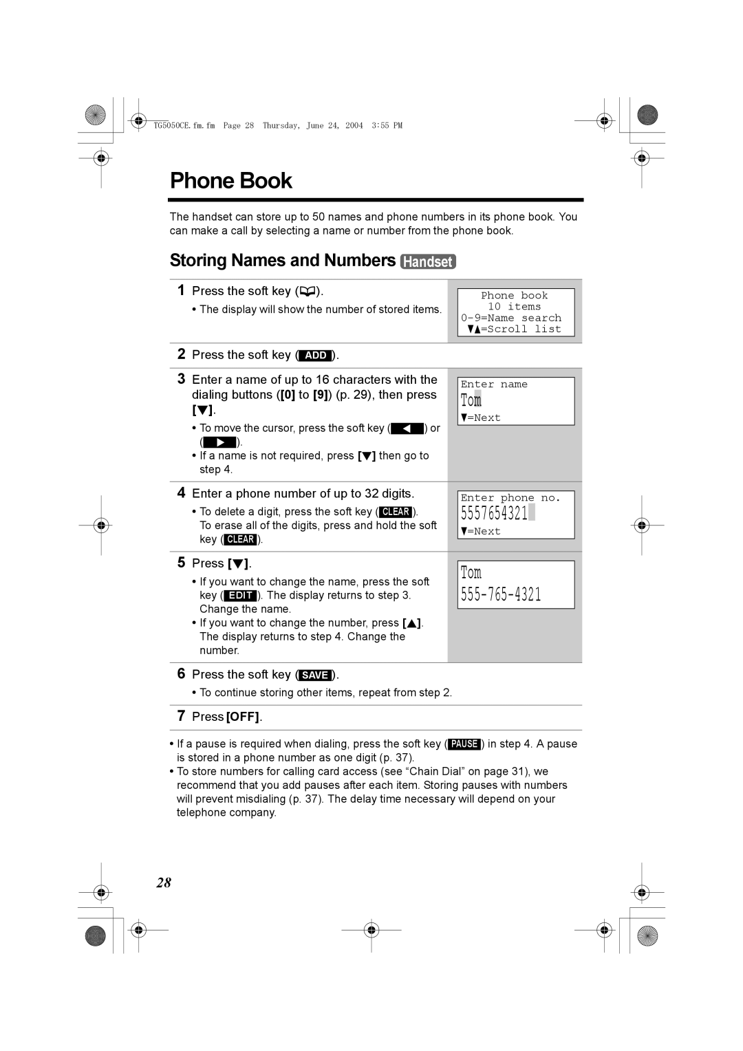 Panasonic KX-TG5050C operating instructions Phone Book, Tom, 5557654321, Storing Names and Numbers Handset 