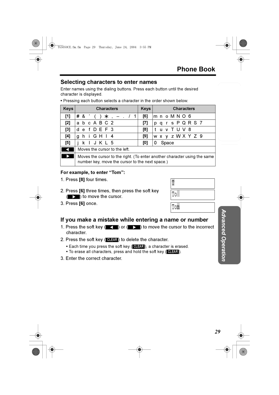 Panasonic KX-TG5050C operating instructions Phone Book, Selecting characters to enter names, For example, to enter Tom 