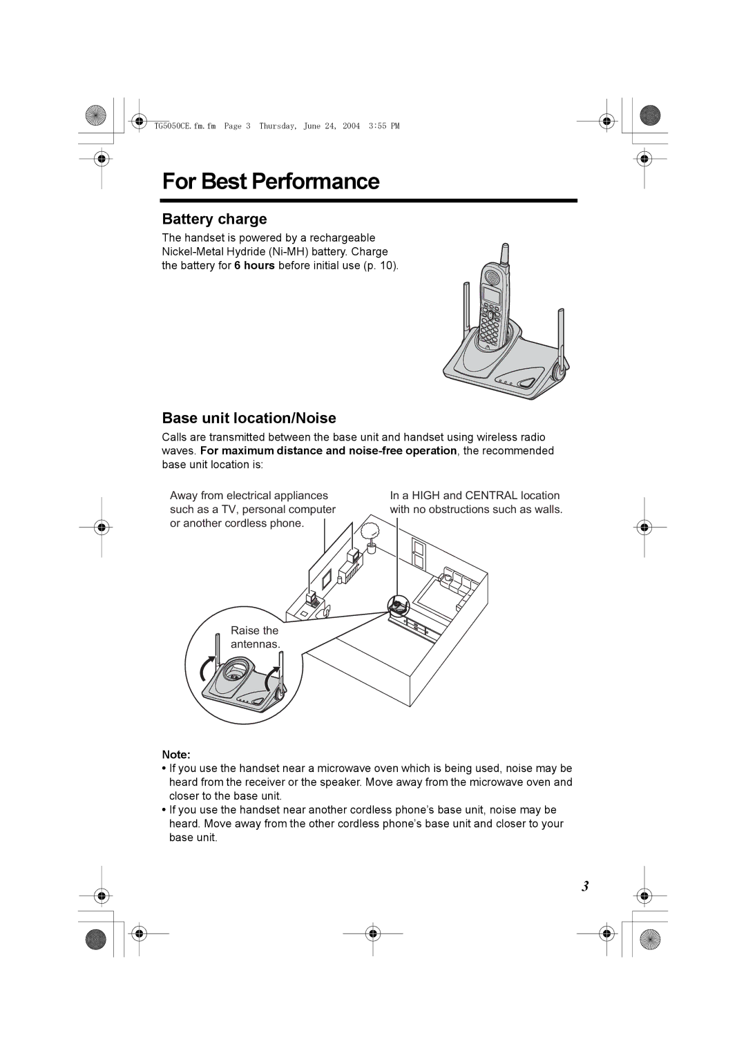 Panasonic KX-TG5050C operating instructions For Best Performance, Battery charge, Base unit location/Noise 