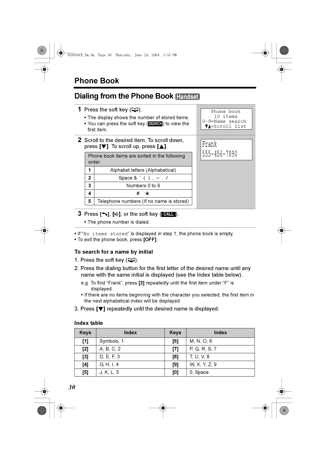 Panasonic KX-TG5050C Frank, Phone Book Dialing from the Phone Book Handset, To search for a name by initial, Index table 