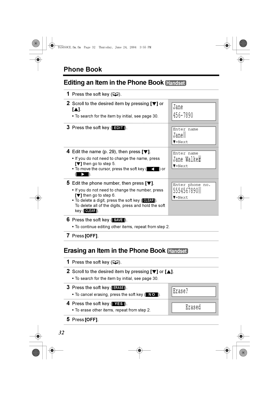 Panasonic KX-TG5050C operating instructions Jane, 456-7890, Erase?, Erased 