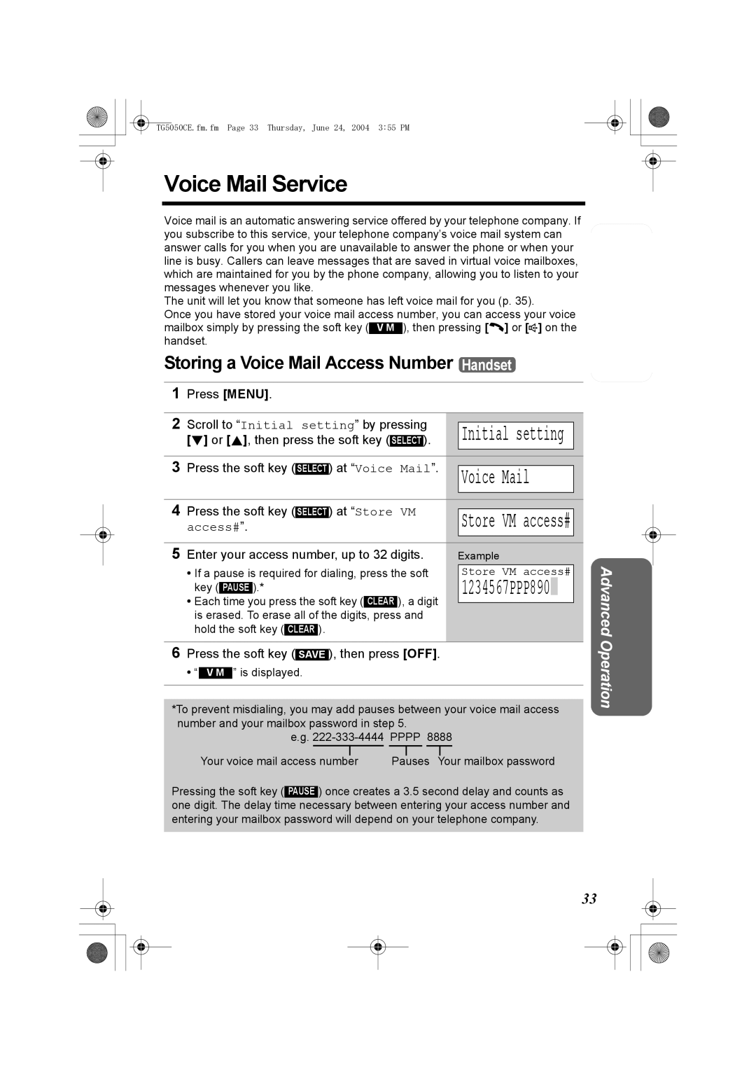 Panasonic KX-TG5050C operating instructions Voice Mail Service, Storing a Voice Mail Access Number Handset 