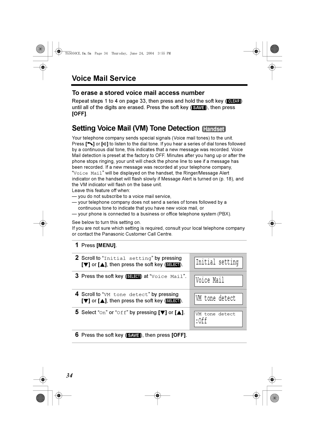 Panasonic KX-TG5050C operating instructions Voice Mail Service, Setting Voice Mail VM Tone Detection Handset, Off 