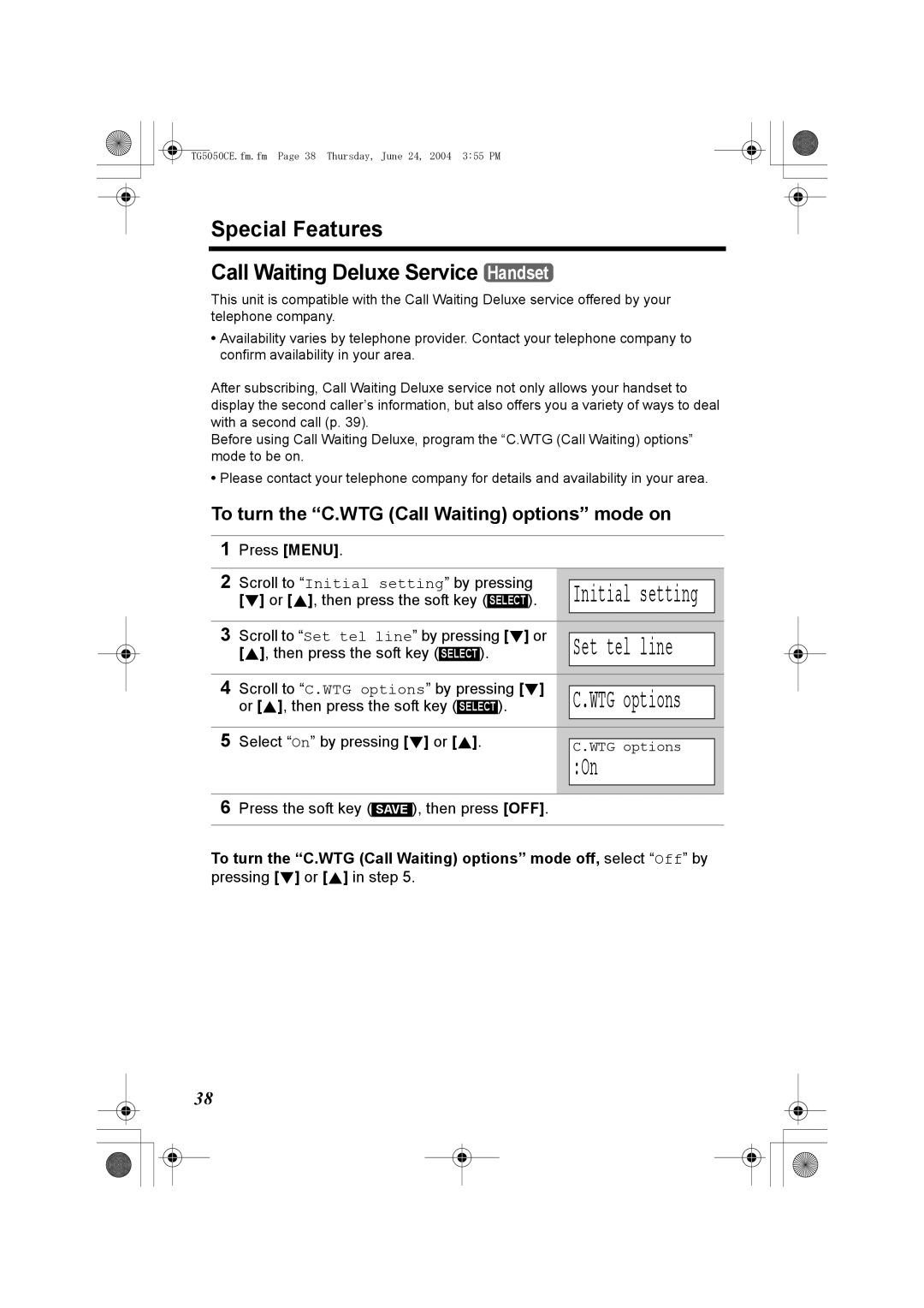 Panasonic KX-TG5050C Special Features Call Waiting Deluxe Service Handset, To turn the C.WTG Call Waiting options mode on 