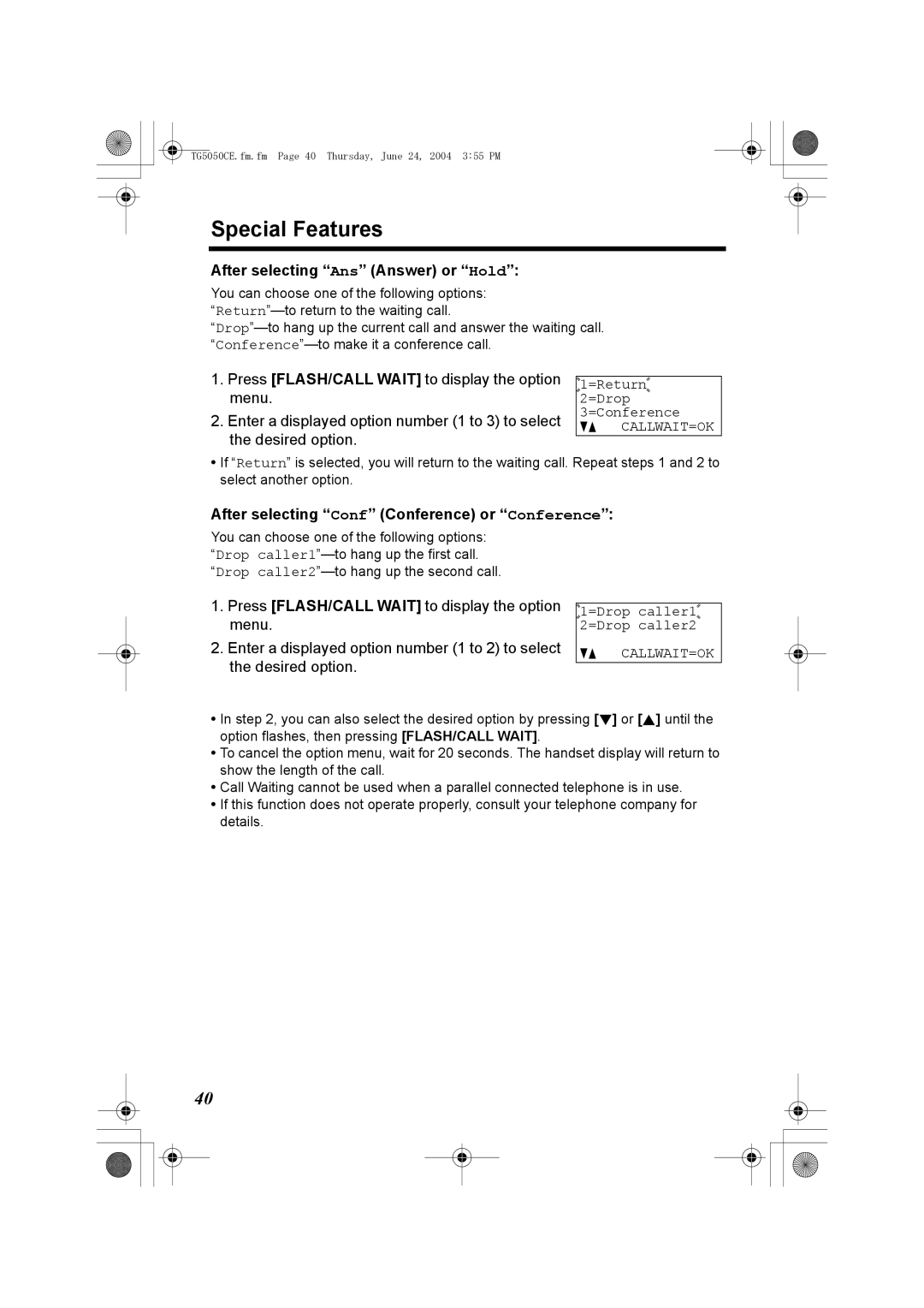 Panasonic KX-TG5050C After selecting Ans Answer or Hold, After selecting Conf Conference or Conference 