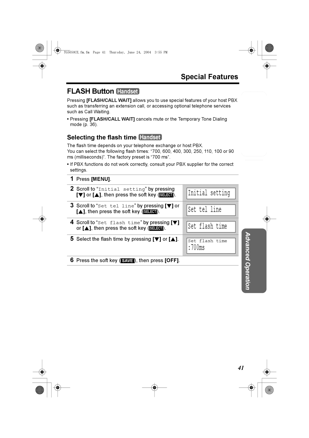 Panasonic KX-TG5050C operating instructions 700ms, Special Features Flash Button Handset, Selecting the flash time Handset 