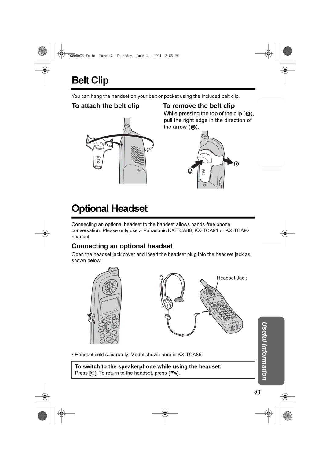 Panasonic KX-TG5050C operating instructions Belt Clip, Optional Headset, To attach the belt clip To remove the belt clip 