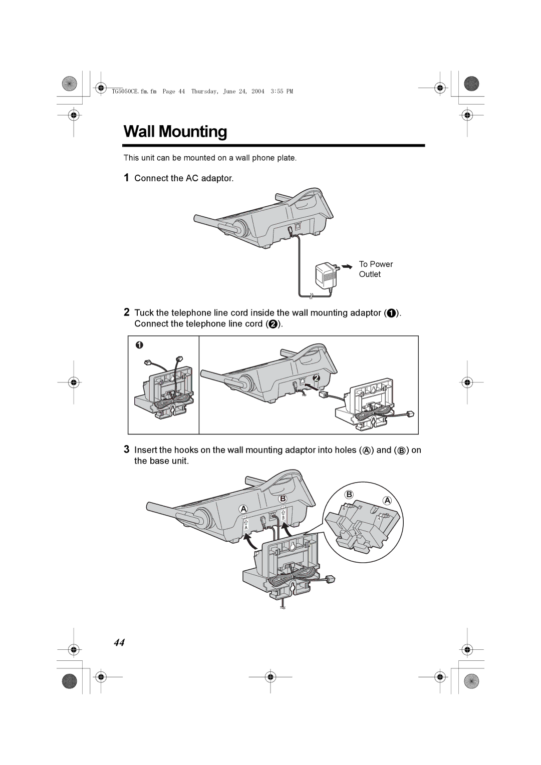 Panasonic KX-TG5050C operating instructions Wall Mounting, Connect the AC adaptor 