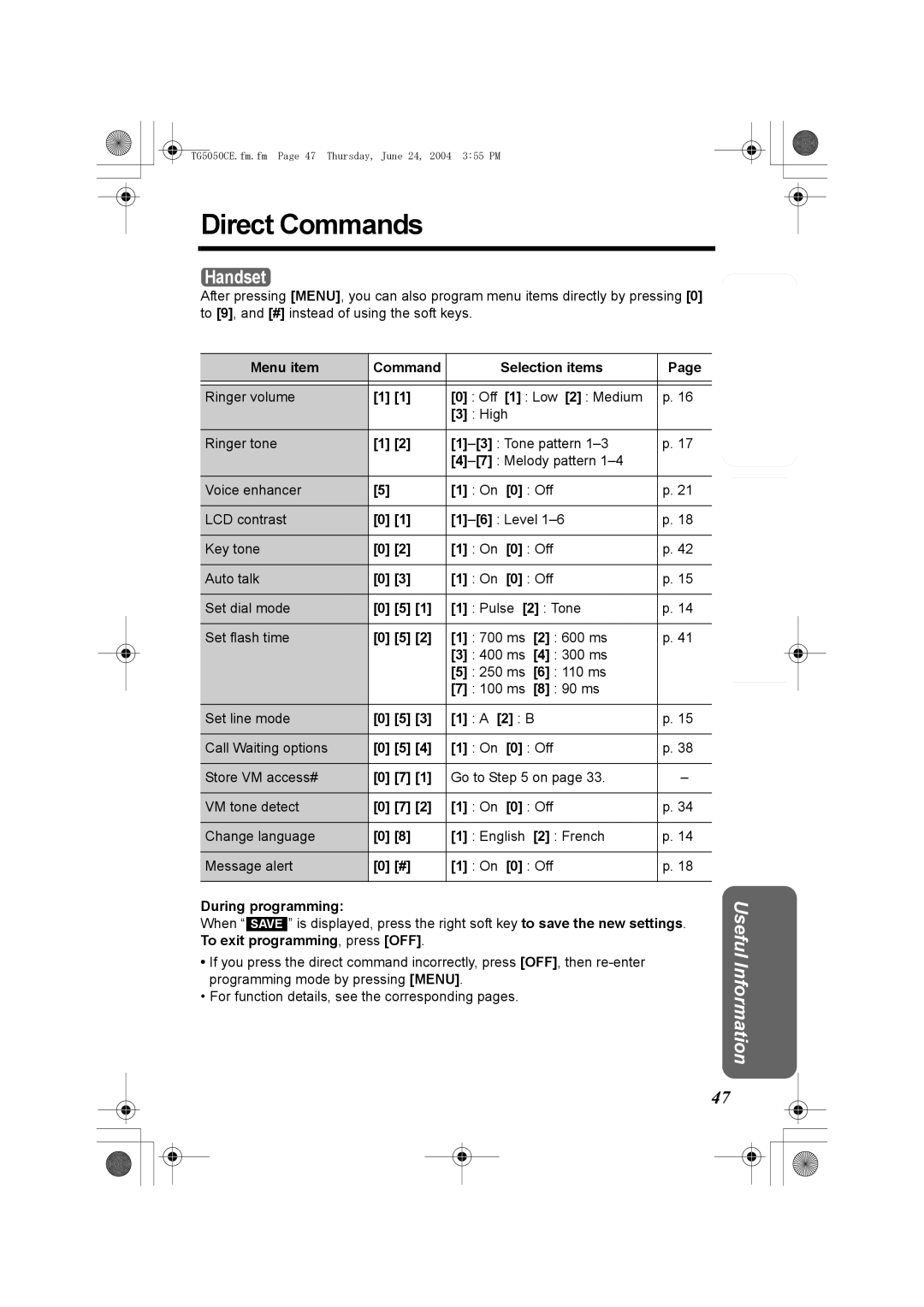 Panasonic KX-TG5050C operating instructions Direct Commands, Menu item Command Selection items, During programming 