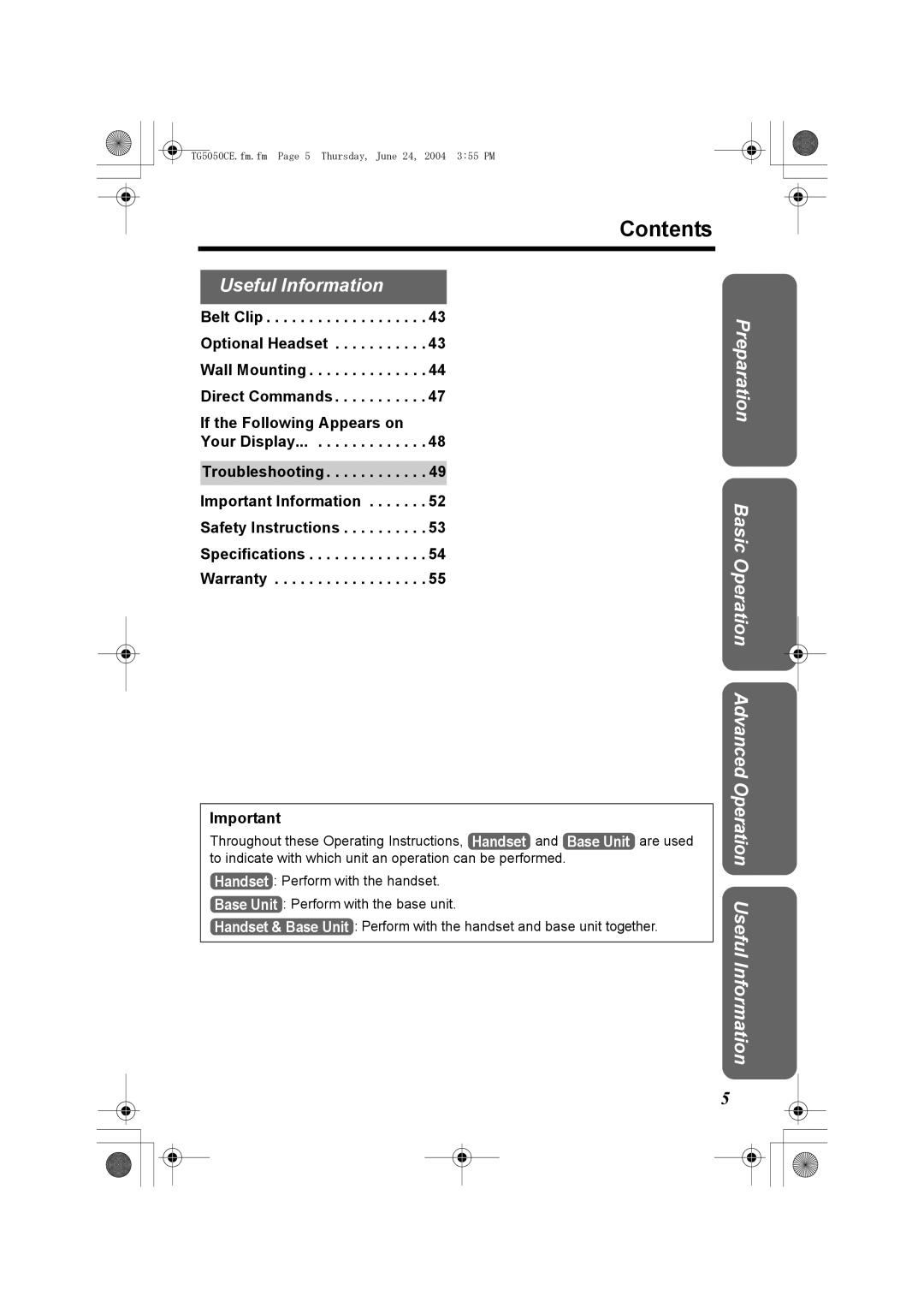 Panasonic KX-TG5050C operating instructions Contents 