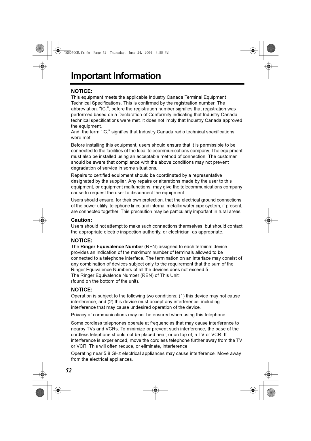 Panasonic KX-TG5050C operating instructions Important Information 