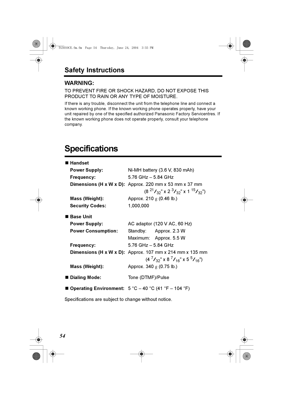 Panasonic KX-TG5050C operating instructions Specifications, Safety Instructions 