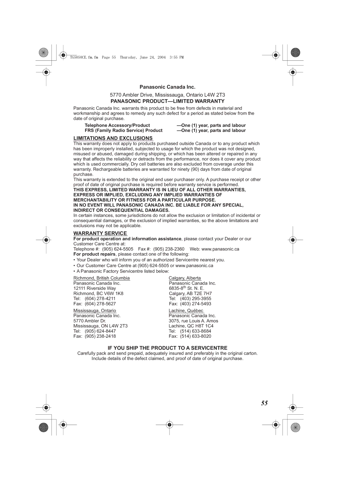 Panasonic KX-TG5050C operating instructions Panasonic Canada Inc, Panasonic PRODUCT-LIMITED Warranty 