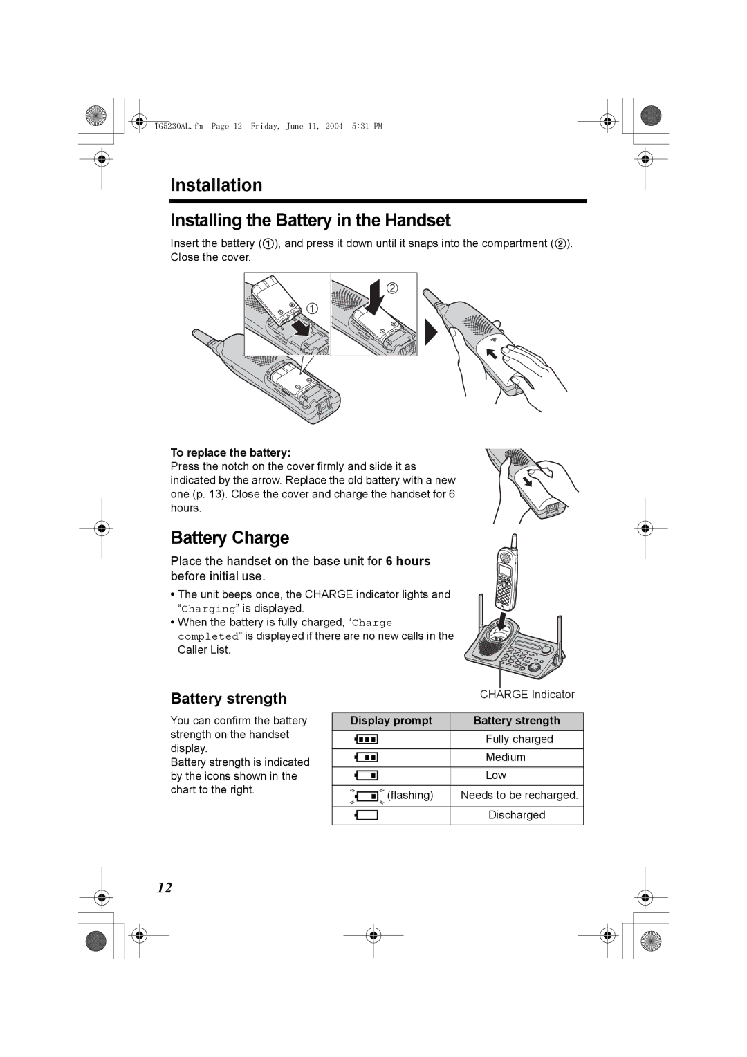 Panasonic KX-TG5230AL Installation Installing the Battery in the Handset, Battery Charge, Battery strength 