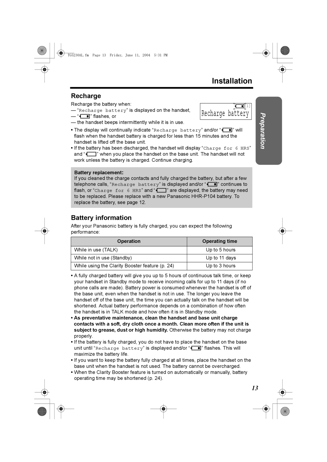 Panasonic KX-TG5230AL Installation, Recharge, Battery information, Battery replacement, Operation Operating time 