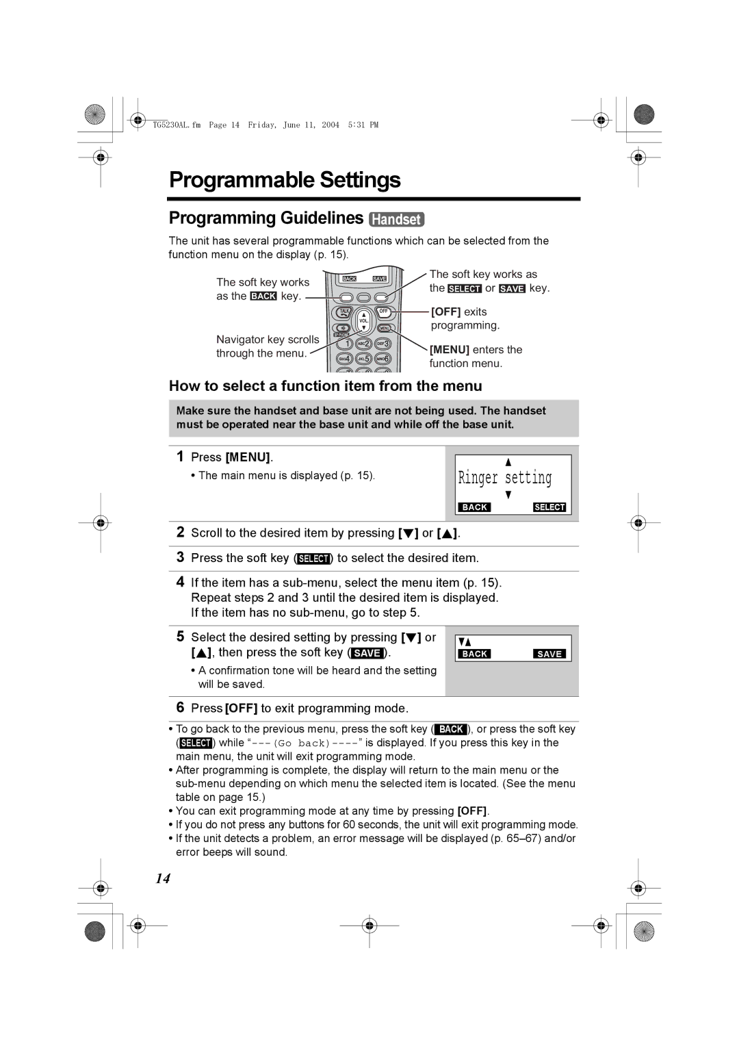 Panasonic KX-TG5230AL operating instructions Programmable Settings, Ringer setting, Programming Guidelines Handset 