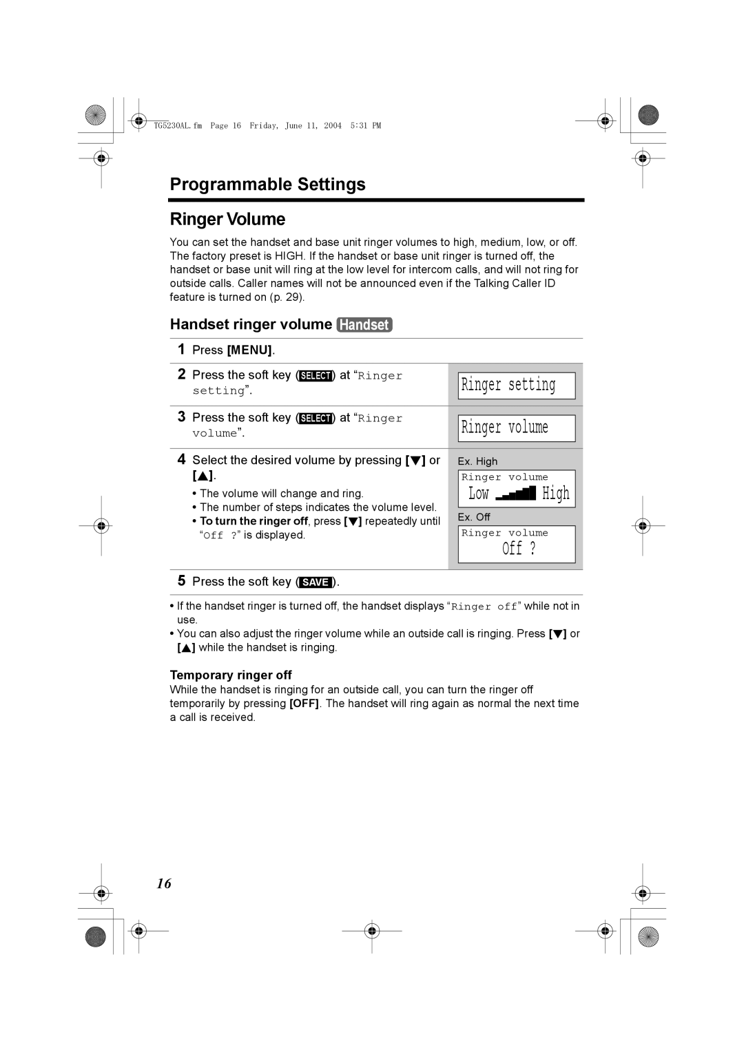 Panasonic KX-TG5230AL Off ?, Programmable Settings Ringer Volume, Handset ringer volume Handset, Temporary ringer off 